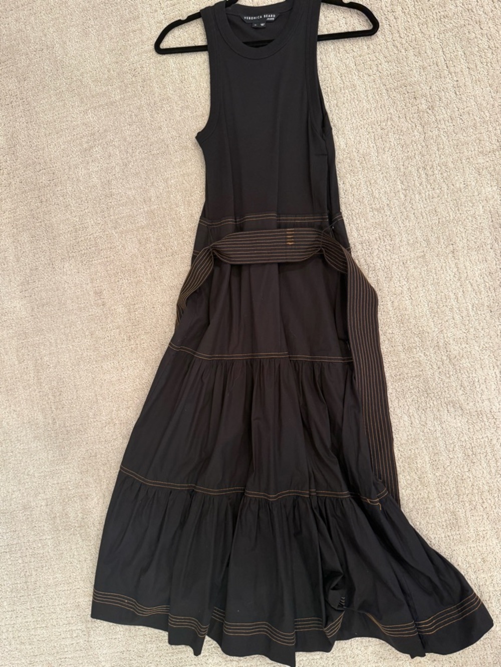 Veronica Beard Black Sleeveless Tiered Maxi Dress with Contrast Stitching